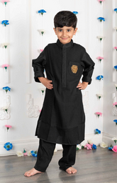 Pintucks Kurta Set with Solid Color with a lion zardozi embroidered patch - Black