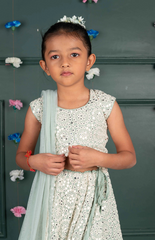 Nude Ghagra Crop Top Set with Amla Mirror Work & Ruffle Dupatta - Blue