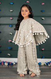 Mirror Embroidered Poncho Set - Grey