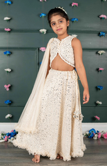 Nude Ghagra Crop Top Set with Amla Mirror Work & Ruffle Dupatta