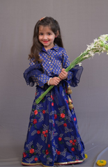 Royal Blue Brocade Shirt Style Top with Embroidered Floral Skirt/Ghagra