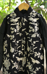 Parsi Gara Embroidered Silk Kurta Jacket Set - Black
