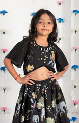 Jungle Embroidered Crop Top & Skirt Set with Mirror Work - Black