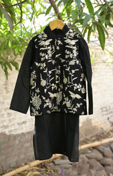 Parsi Gara Embroidered Silk Kurta Jacket Set - Black