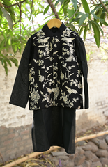 Parsi Gara Embroidered Silk Kurta Jacket Set - Black