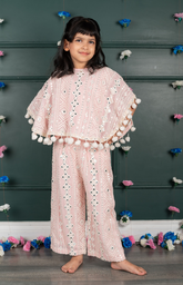 Mirror Embroidered Poncho Set - Pink