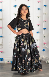 Jungle Embroidered Crop Top & Skirt Set with Mirror Work - Black