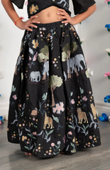 Jungle Embroidered Crop Top & Skirt Set with Mirror Work - Black