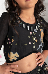 Jungle Embroidered Crop Top & Skirt Set with Mirror Work - Black