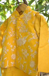 Parsi Gara Embroidered Silk Kurta Jacket Set - Yellow