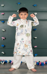 Jungle Embroidered Kurta Pant Set with Mandarin Collar