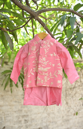 Parsi Gara Embroidered Silk Kurta Jacket Set - Pink
