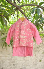 Parsi Gara Embroidered Silk Kurta Jacket Set - Pink