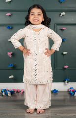 Sitara Lucknowi Mirror Look Embroidered Kurta Set with Silk Pallazo and Net Dupatta - Soft Pink