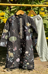 Jungle Embroidered Kurta Pant Set with Mandarin Collar - Black