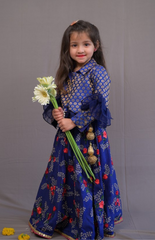 Royal Blue Brocade Shirt Style Top with Embroidered Floral Skirt/Ghagra