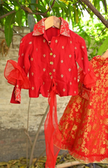 Red Embroidered Shirt Style Top with Kali Styled Brocade Skirt