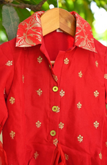 Red Embroidered Shirt Style Top with Kali Styled Brocade Skirt