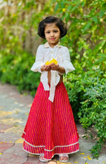White Blouse in Shirt Style with Tie-Up and Leheriya Skirt