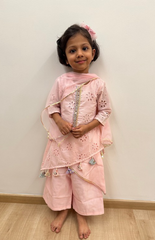 Kurta and palazzo with diagonal cut in chiken work embrodered kurta - Baby Pink