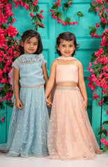 Net Corset with Embroidered Net Ghagra & Dupatta Set – Blue