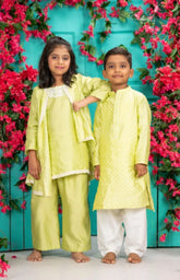 Kurta with Attached Cape & Crochet Palazzo Set – Lime Green