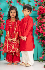 Red Silk Kurta Palazzo Set with Cape Jacket