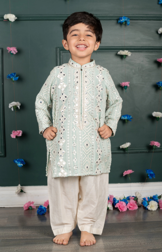 Sitara Lucknowi Embroidered Kurta Set with Cream Salwar - Light Blue