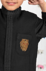 Pintucks Kurta Set with Solid Color with a lion zardozi embroidered patch - Black