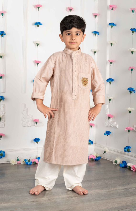 Pintucks Kurta Set with Solid Color with a lion zardozi embroidered patch - Beige