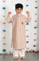 Pintucks Kurta Set with Solid Color with a lion zardozi embroidered patch - Beige