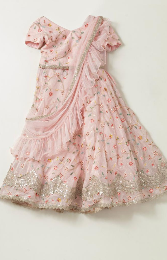 Chanderi Ghagra Choli with Floral Intricate Embroidery and Threadwork