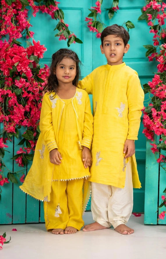 Chanderi Mal Kurta with Palazzo & Zari Bird Cape Dupatta Set – Yellow