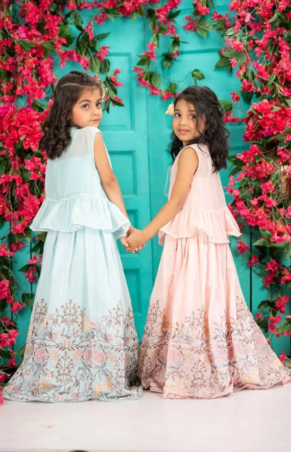 Ghagra with Jungle Embroidered Corset Blouse & Organza Jacket – Blue