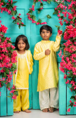 Kurta with Attached Cape & Crochet Palazzo Set – Yellow