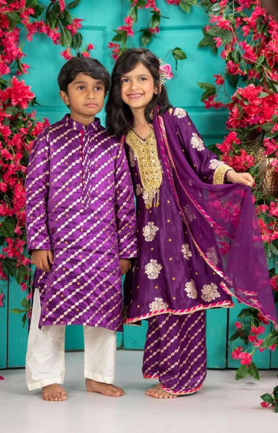 Leheriya Gaji Silk Peplum Palazzo Set – Violet/Gold