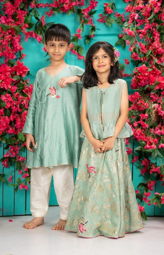 Chanderi Bird Embroidered Ghagra Set – Green