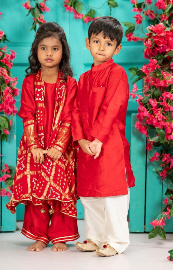 Red Silk Kurta Palazzo Set with Cape Jacket